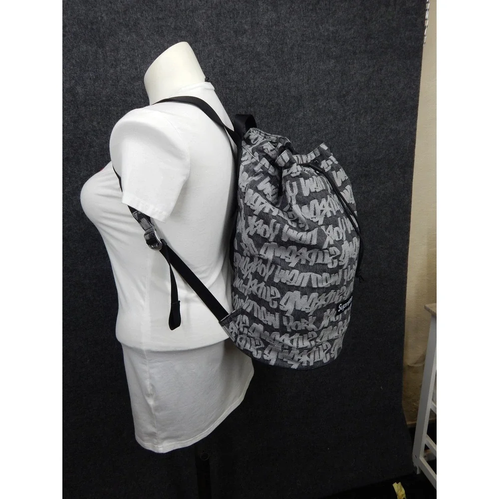 Supreme Fat Tip Jacquard Denim Backpack Black White Graffiti Logo Bag